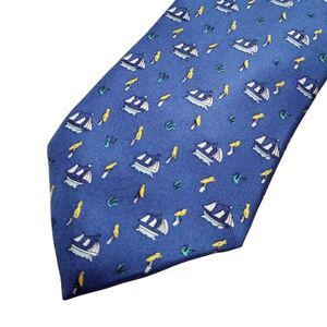 J. McLaughlin Mens Blue Silk Nautical Sailboat Buoy Print Necktie Tie